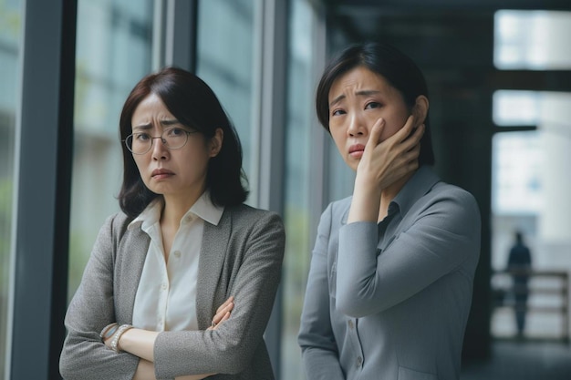 Foto uma foto vertical de mulheres de negócios japonesas maduras a preocuparem-se.