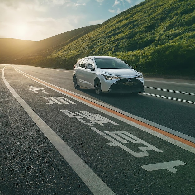 uma foto vertical de um carro na estrada