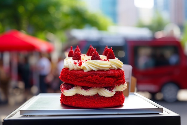 Uma foto vintagestile de bolo de veludo vermelho exibido em um suporte de bolo retro