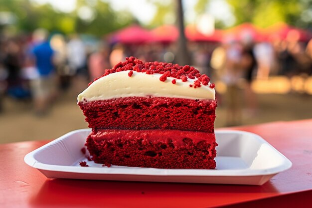 Uma foto vintagestile de bolo de veludo vermelho exibido em um suporte de bolo retro