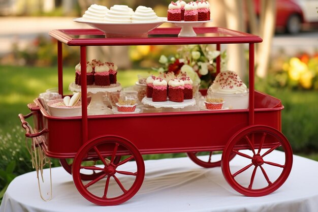 Uma foto vintagestile de bolo de veludo vermelho exibido em um suporte de bolo retro