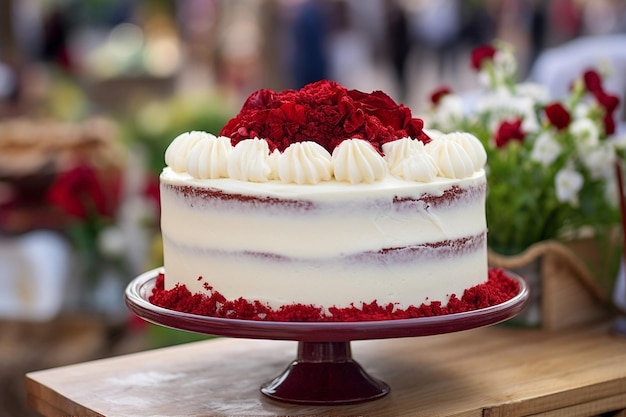 Uma foto vintagestile de bolo de veludo vermelho exibido em um suporte de bolo retro