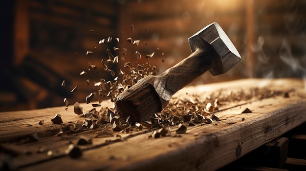 Uma foto visualmente atraente de um martelo cravando pregos na madeira