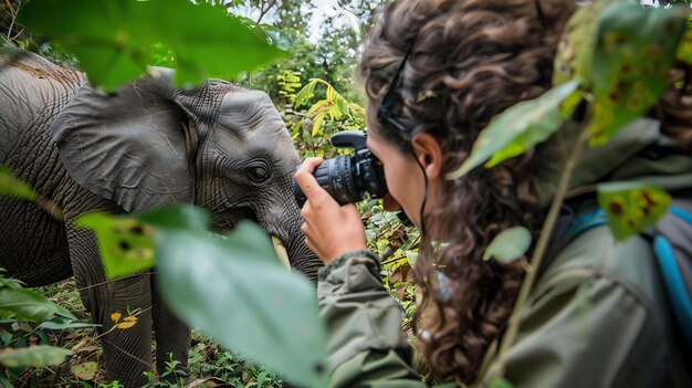 Foto uma fotógrafa se agacha no mato para tirar um close de um elefante na natureza