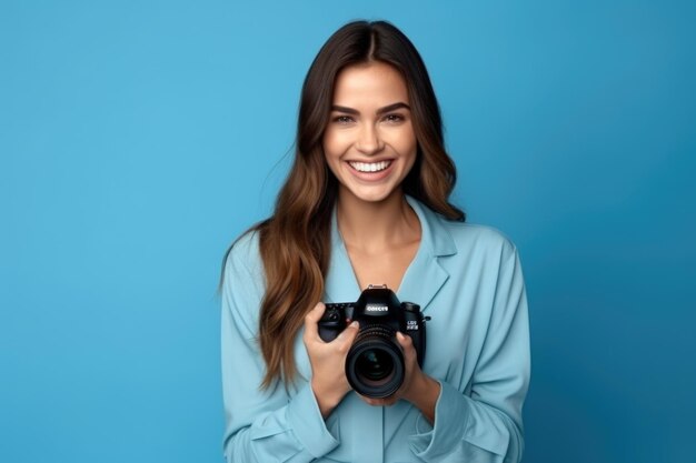 Foto uma fotógrafa sorridente está tirando fotos com uma câmera dslr isolada com fundo azul de estúdio