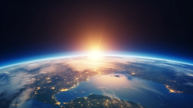 Uma fotografia aérea da Terra tirada do espaço mostrando o sol a afundar-se.