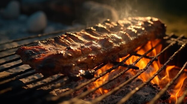 Foto uma fotografia ao ar livre de uma saborosa e deliciosa costela de vaca no espeto, pronta para ser servida