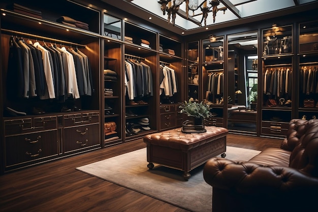Uma fotografia capturando o interior de um luxuoso guarda-roupa masculino totalmente equipado Generative Ai