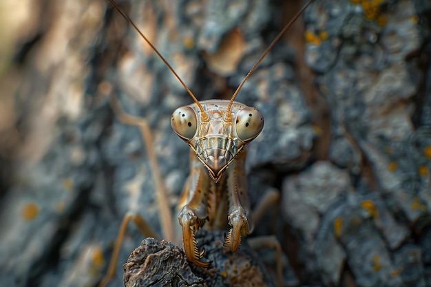 Uma fotografia capturando um mantis em uma casca de árvore seu corpo imitando a textura áspera e batida manchada