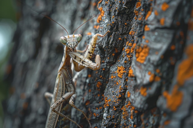 Uma fotografia capturando um mantis em uma casca de árvore seu corpo imitando a textura áspera e batida manchada