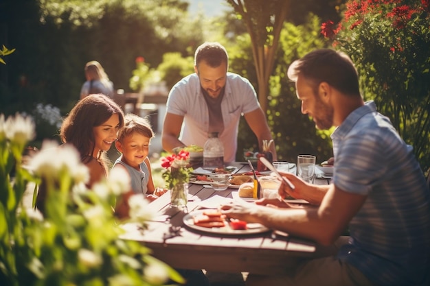 Uma fotografia capturando uma família e amigos desfrutando de um piquenique ao ar livre Generative Ai