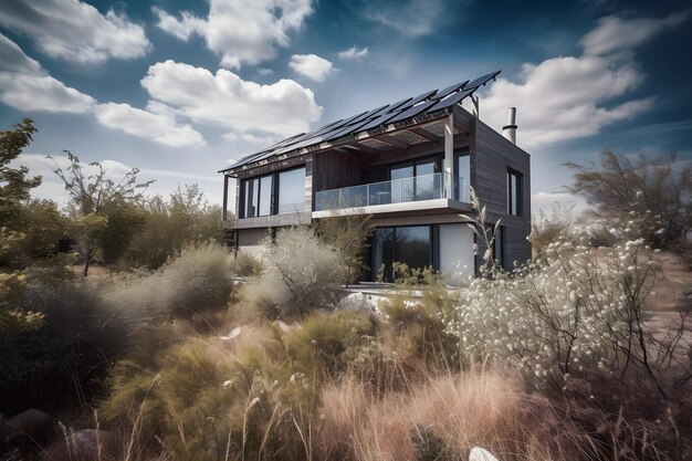 Uma fotografia cativante de uma casa moderna com painéis solares abrindo caminho para casas ecologicamente corretas