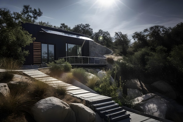 Uma fotografia cativante de uma casa moderna com painéis solares abrindo caminho para casas ecologicamente corretas