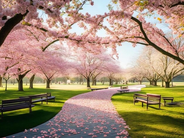 Foto uma fotografia cativante mostrando um parque vazio transformado em um oásis florescente de serenidade