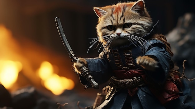 uma fotografia cinematográfica de um gato potrait de corpo inteiro usando uniformes de samurai Generative AI