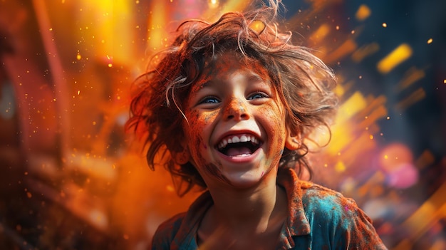 Uma fotografia colorida de um menino no festival Holi Generative Ai
