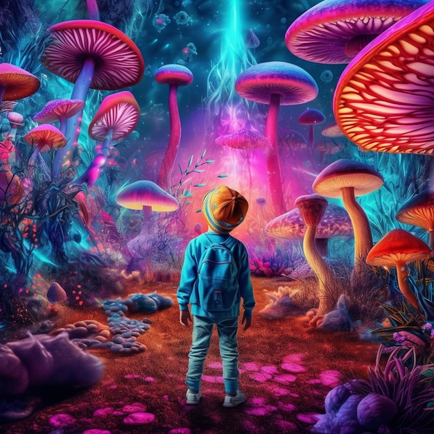 Uma fotografia colorida de um menino parado em uma floresta de cogumelos ai generativa