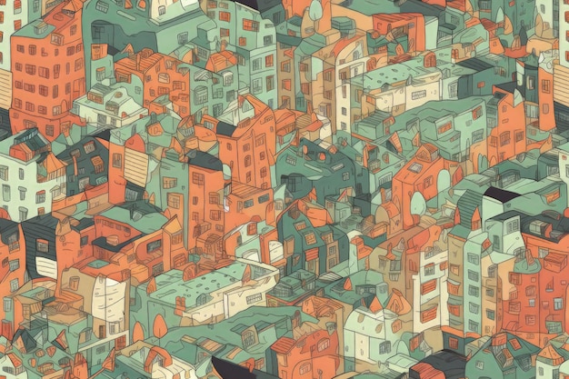 Uma fotografia da cidade de vários níveis, muitas janelas, silhuetas coloridas de diferentes pessoas e animais de estimação