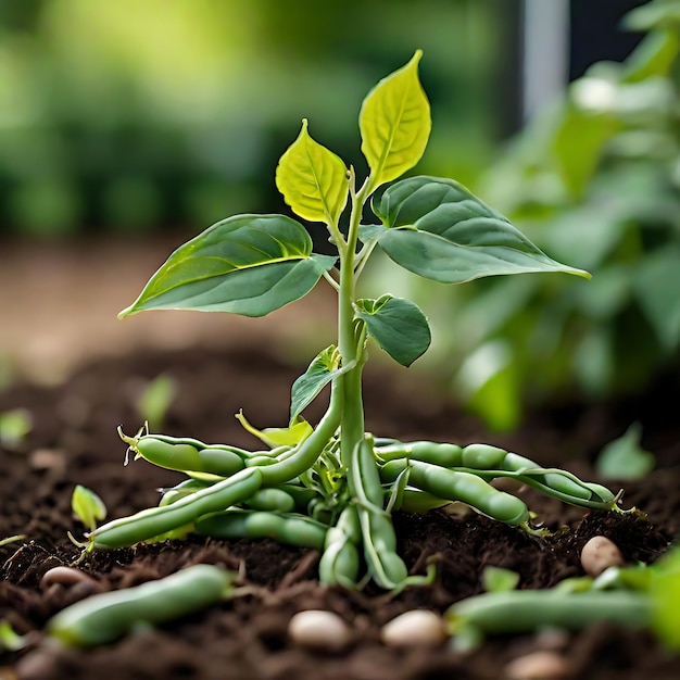 Foto uma fotografia de alta resolução de uma planta de feijão saudável e vigorosa com feijões verdes jovens a crescer em ai