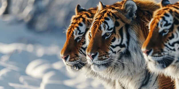 Uma fotografia de animais de um grupo de tigres da neve prosperando seu território para a presa