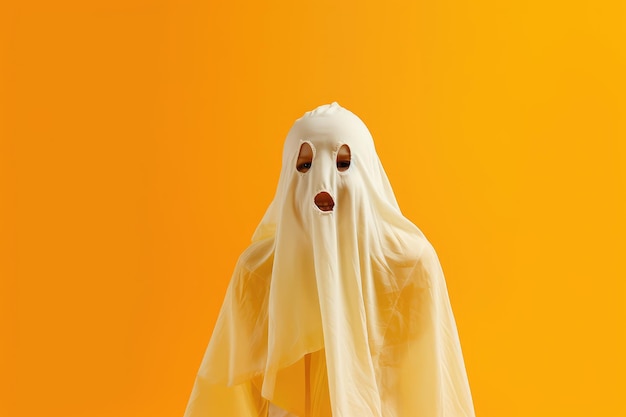 Uma fotografia de close-up com uma criança encantadora vestida como um fantasma exalando pura alegria e felicidade no Halloween Generative AI