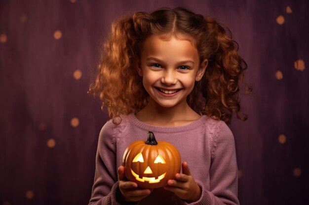 Uma fotografia de close-up de uma menina doce e adorável com um sorriso radiante vestida com uma fantasia de Halloween Generative AI