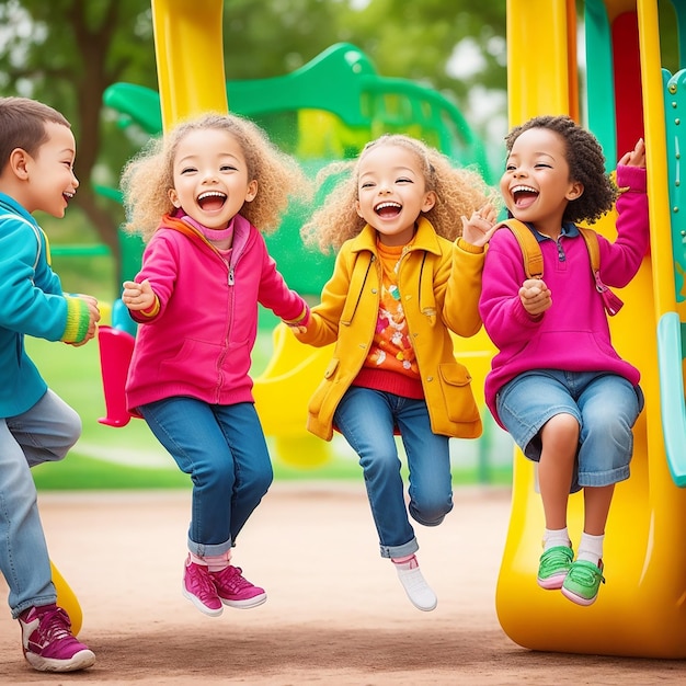 Uma fotografia de crianças brincando em um parque colorido. A imagem mostra suas risadas