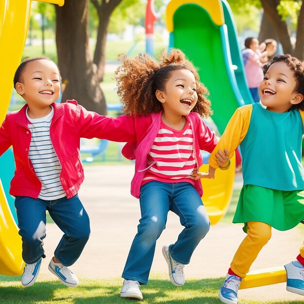 Uma fotografia de crianças brincando em um parque colorido. A imagem mostra suas risadas