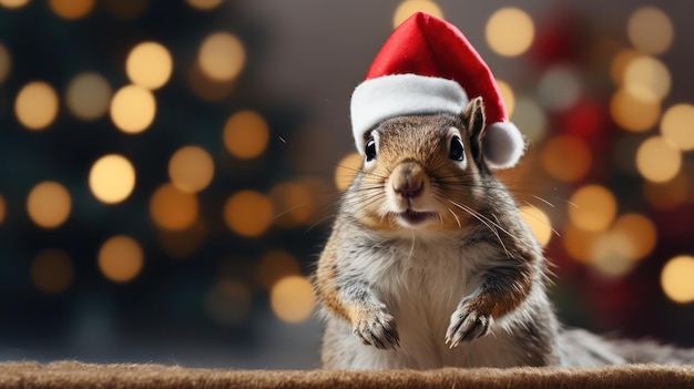 uma fotografia de esquilo vestindo fantasia de Papai Noel e chapéu para a celebração do Natal
