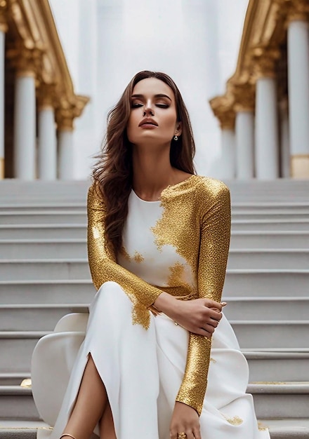Uma fotografia de mulher fashion com vestido dourado