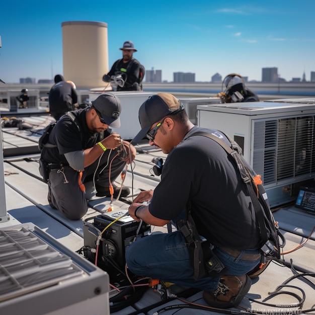 Uma fotografia de técnicos reparando sistemas de HVAC em um telhado de um prédio de escritórios com paisagem urbana circundante