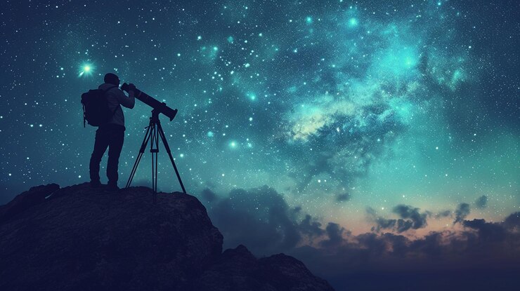 Foto uma fotografia de um astrônomo estudando o céu noturno com um telescópio em um topo de montanha remoto