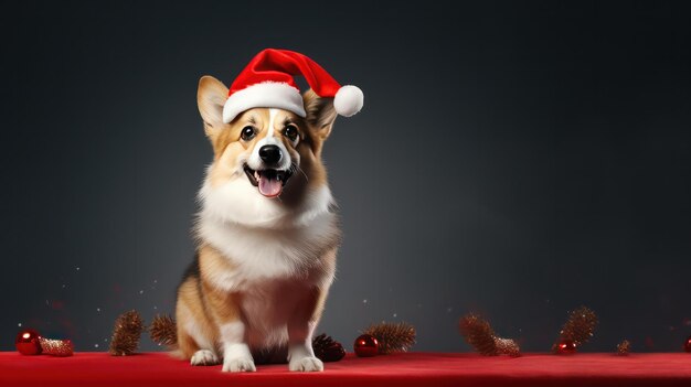 Foto uma fotografia de um cão corgi bonito vestindo um traje e um chapéu de papai noel na celebração de natal