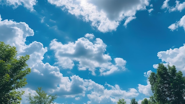 Uma fotografia de um céu com nuvens de sol, pássaros e árvores