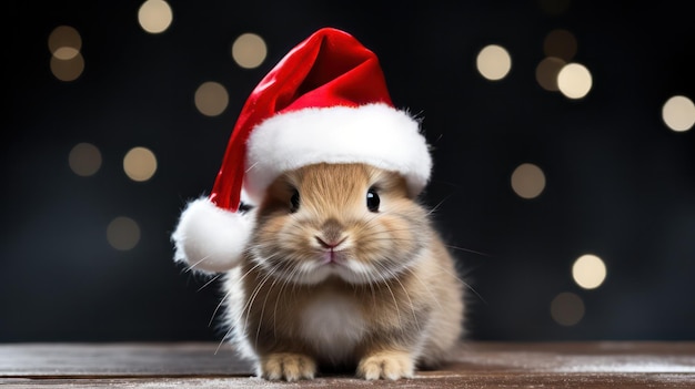 uma fotografia de um coelho vestindo fantasia de Papai Noel e chapéu para a celebração do Natal