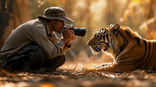 Uma fotografia de um fotógrafo de vida selvagem capturando um momento com um animal selvagem