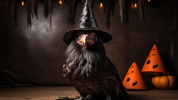 uma fotografia de um frango usar chapéu de bruxa para a celebração do Halloween