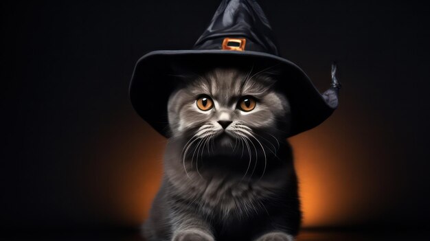 uma fotografia de um gato Scottish Fold bonito usando um chapéu de bruxa para a celebração do Dia das Bruxas