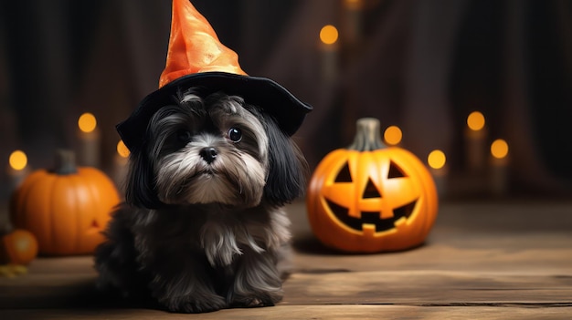 uma fotografia de um lindo cachorro shih tzu usando chapéu de bruxa para a celebração do Halloween