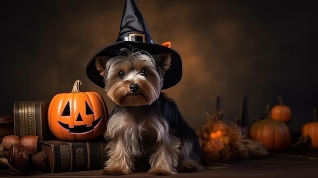 uma fotografia de um lindo cachorro yorkshire terrier usando chapéu de bruxa para a celebração do Halloween