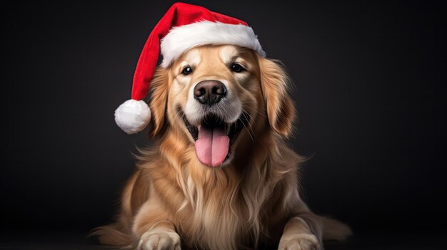 uma fotografia de um lindo e sorridente cachorro golden retriever vestindo fantasia de Papai Noel