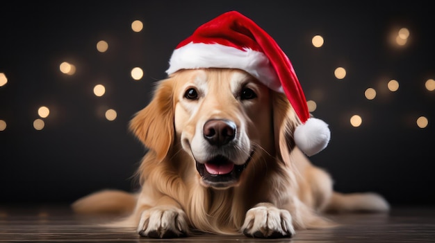 uma fotografia de um lindo e sorridente cachorro golden retriever vestindo fantasia de Papai Noel