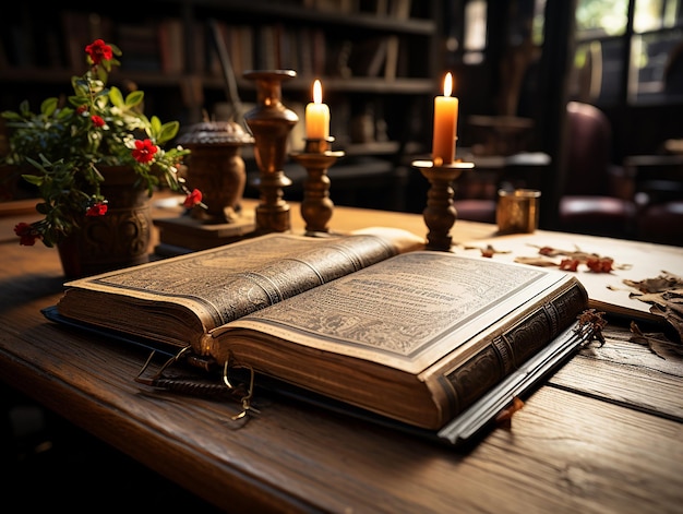 Uma fotografia de um livro na mesa de madeira na biblioteca