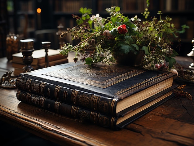 Uma fotografia de um livro na mesa de madeira na biblioteca