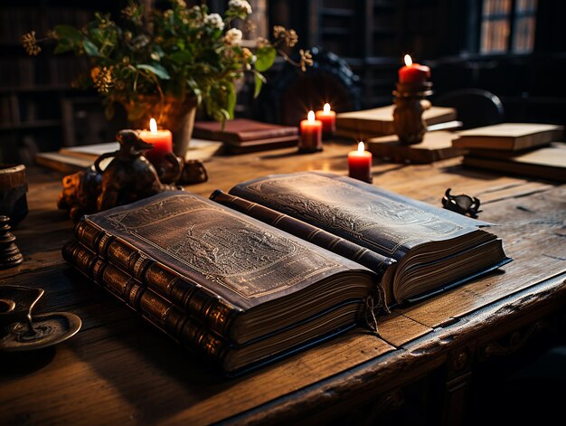 Uma fotografia de um livro na mesa de madeira na biblioteca