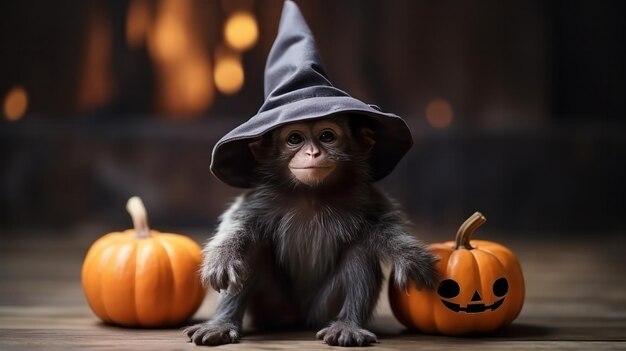 uma fotografia de um macaco fofo usando chapéu de bruxa na celebração do Halloween