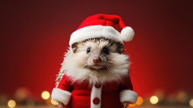 uma fotografia de um ouriço vestindo fantasia de Papai Noel e chapéu para a celebração do Natal