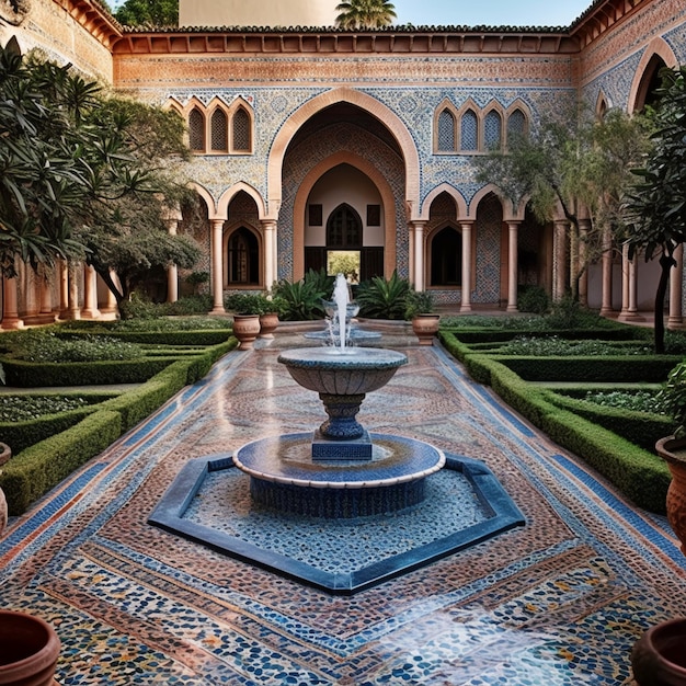 Uma fotografia de um pátio tranquilo com uma fonte central cercada por azulejos zelij