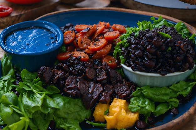 Uma fotografia de um prato fumegante de comida brasileira Feijoada