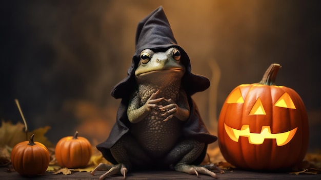 uma fotografia de um sapo fofo usando chapéu de bruxa para a celebração do Halloween